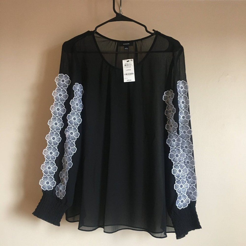 Shear black long sleeve blouse, Alfani, L - Picture 1 of 2